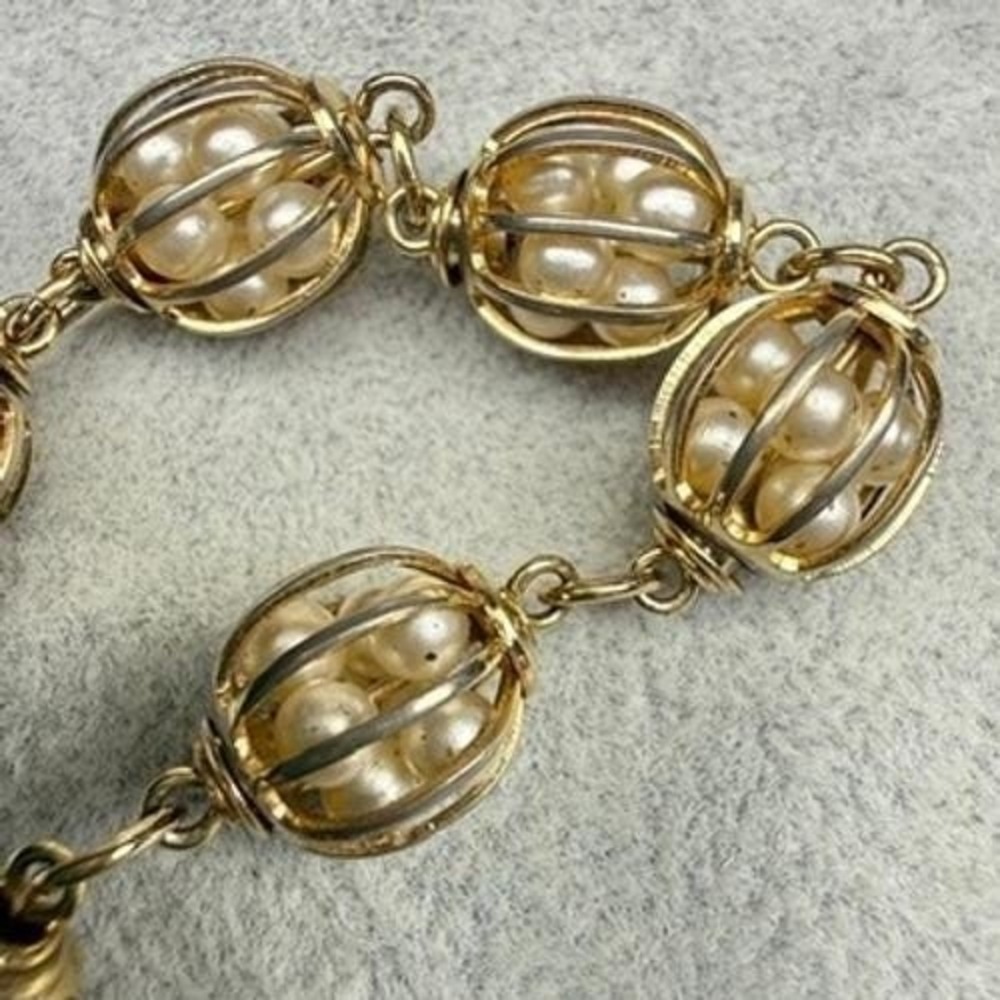 Vintage Caged Faux Pearl Link Bracelet Gold Tone 6.5" 1960s Regency Chic